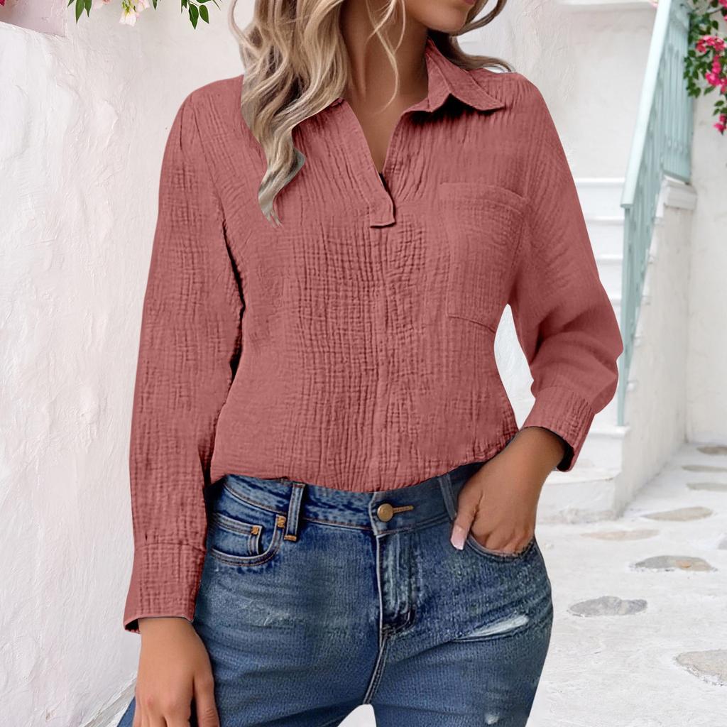 Womens V Neck Shirts Long Sleeve Casual Collared Shirt Loose Blouses Solid Color Tops With Pocket
