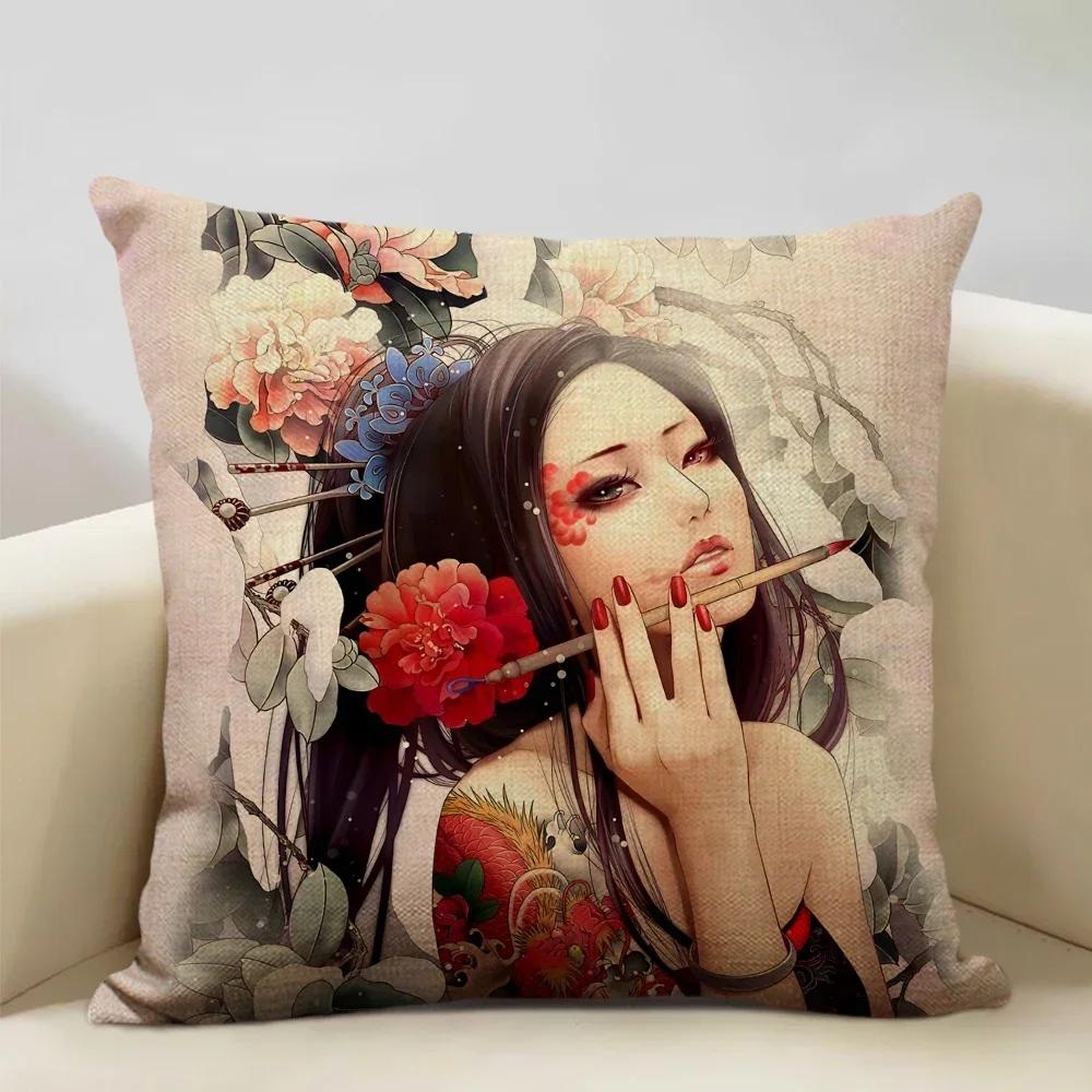 Classic Japanese Lady Decorative Cushion Cover Living Room Sofa Pillow Case 45x45cm Linen Pillowcase Home Art Decor