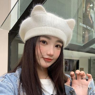 New Cat Ears Beanie Cap Solid Color Warm Beret Hat Knitted Crochet Bonnet