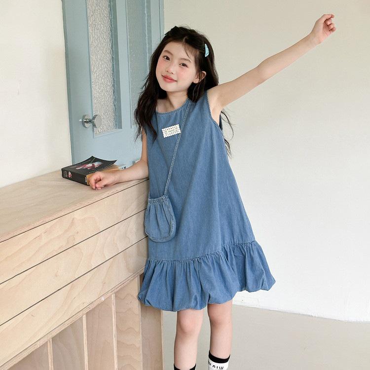 Girls Sleeveless Summer Denim Dress - Fashionable Sweet Korean Bud Skirt Style 140 cm