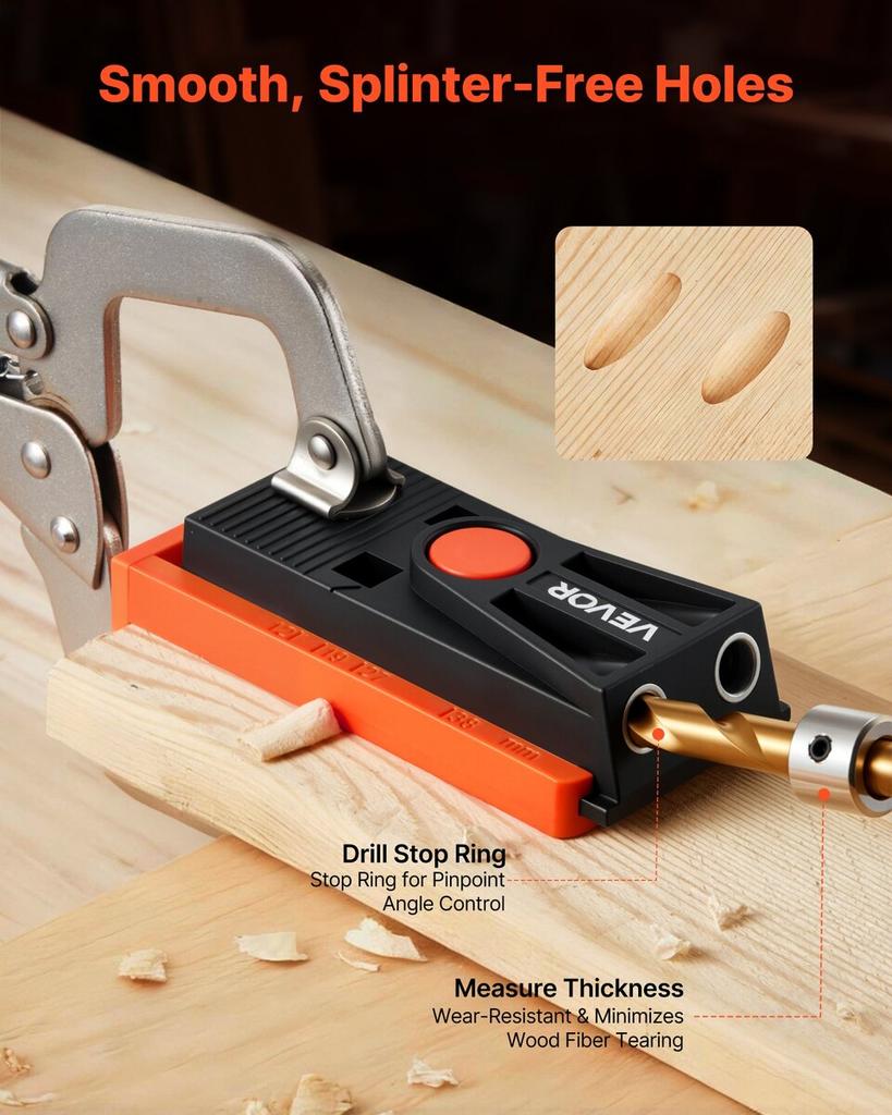 Pocket Hole Jig Kit, 12.7 To 38.1 Mm Adjustable, Mini Jig Pocket Hole System with Step Drill, Hex Wrench, Drill Stop Ring, Square Drive Bit, and