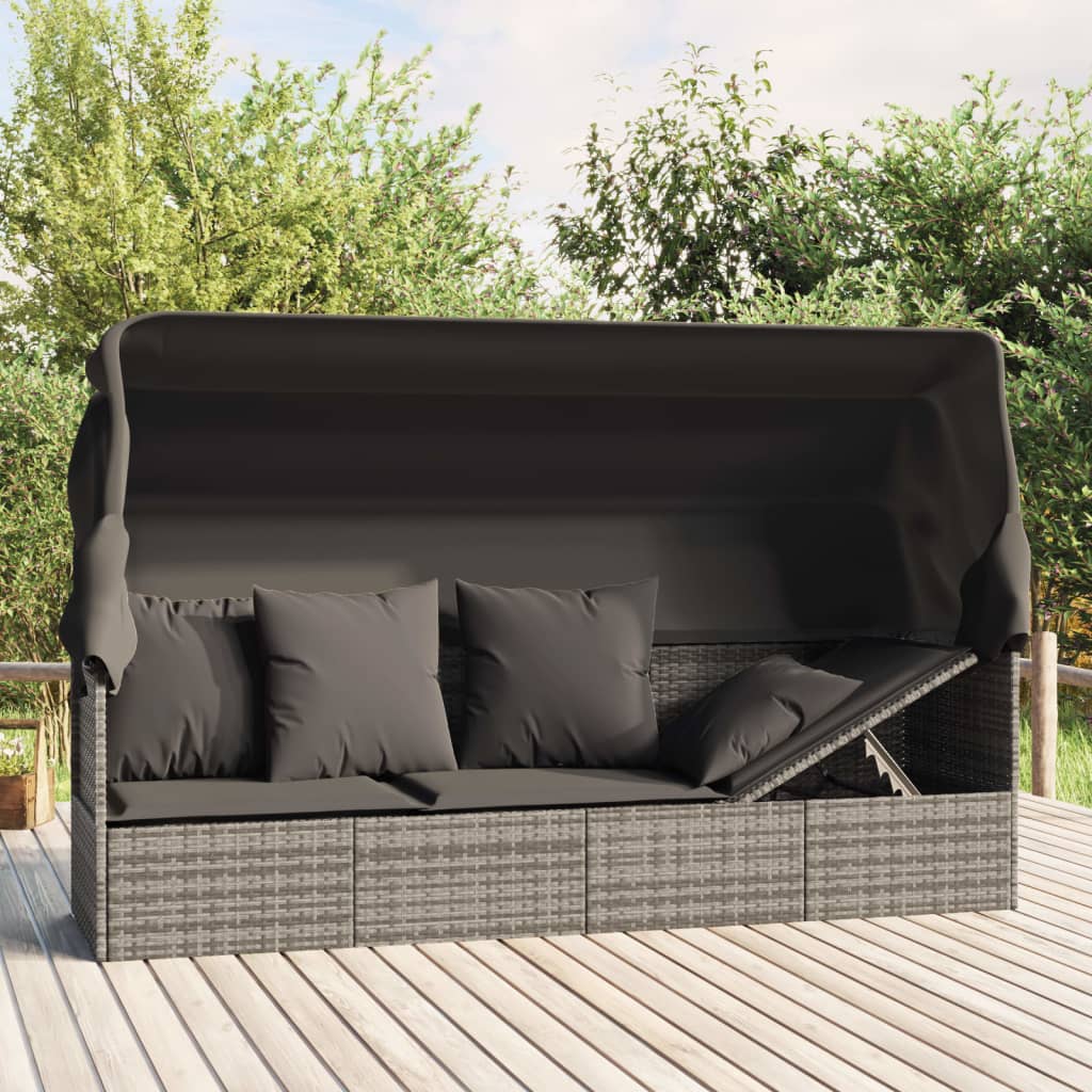 Outdoor Lounge Bed with Canopy and Cushions Grey Poly Rattan