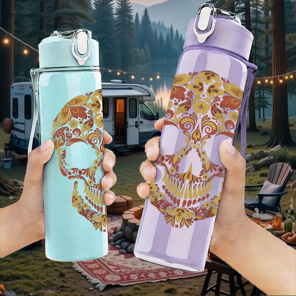 1PC Ornate Floral Skull Retro Art Print 750ml Portable Sports Water Bottle Leakproof Gym Outdoor Travel Drink Cup