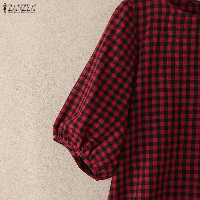 ZANZEA Women Casual Round Neck Plaid Print Loose Short Sleeve Blouse