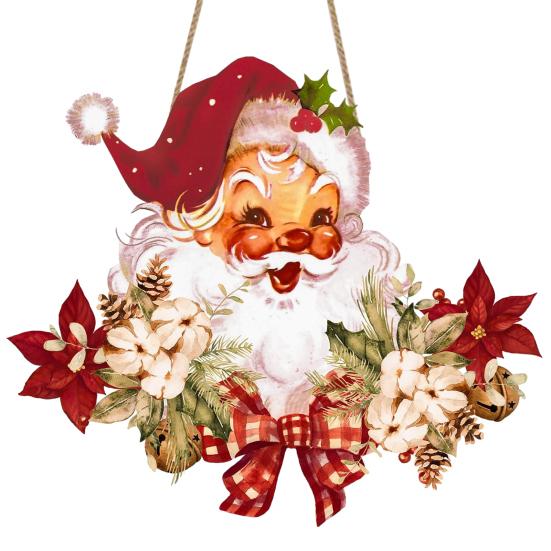 Vintage Style Wooden Pendant Santa Claus Hanging for Christmas, Rustic Floral Wall Sign, Christmas Door Sign Tree Ornament with Hemp Rope Home Office