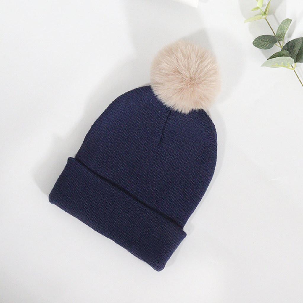Plush Solid Color Ball Knitted Cap Breathable For Fall Season Gift Fashion
