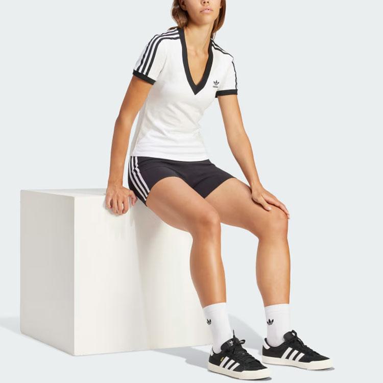 Adidas Originals 3-Stripes V-Neck Slim Short Sleeve T-Shirt Women Tops White IR8114