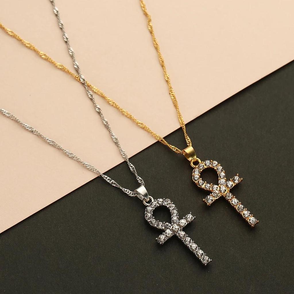 Amulet Talisman Ankh Cross Pendant Necklace Women Crystal Rhinestone Egypt Egyptian Key Life Religious Chain Jewelry Gift