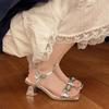 Leather Thick Heel Sandals Women's Summer New Mid-heel Fashion Rhinestone Versatile Skirt Temperament High Heels