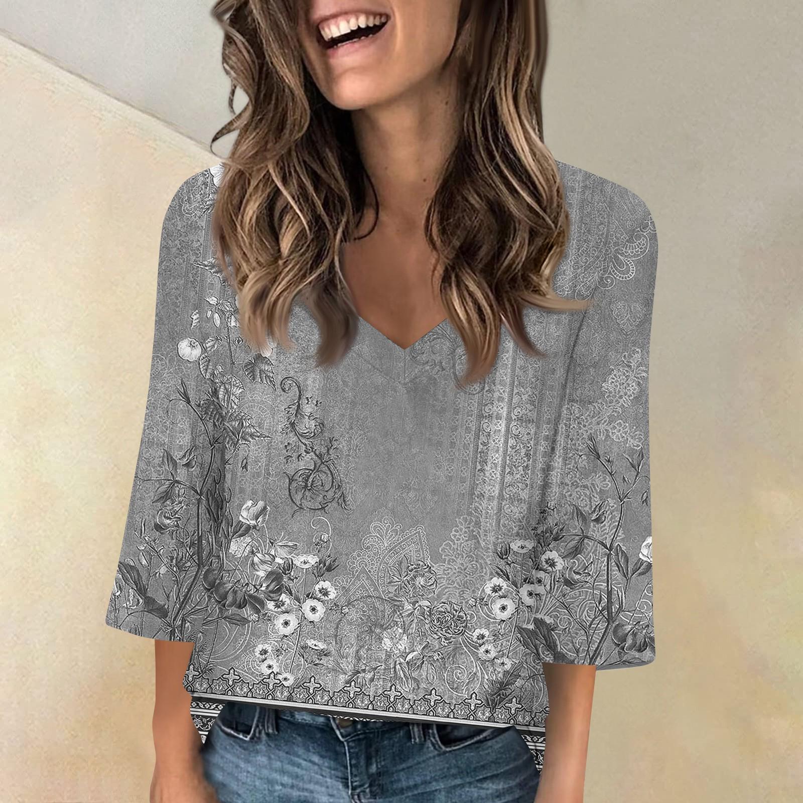 

Женские топы с v-образным вырезом и рукавами 3/4, повседневные футболки, базовые летние футболки, свободный крой, осенний пуловер, туника