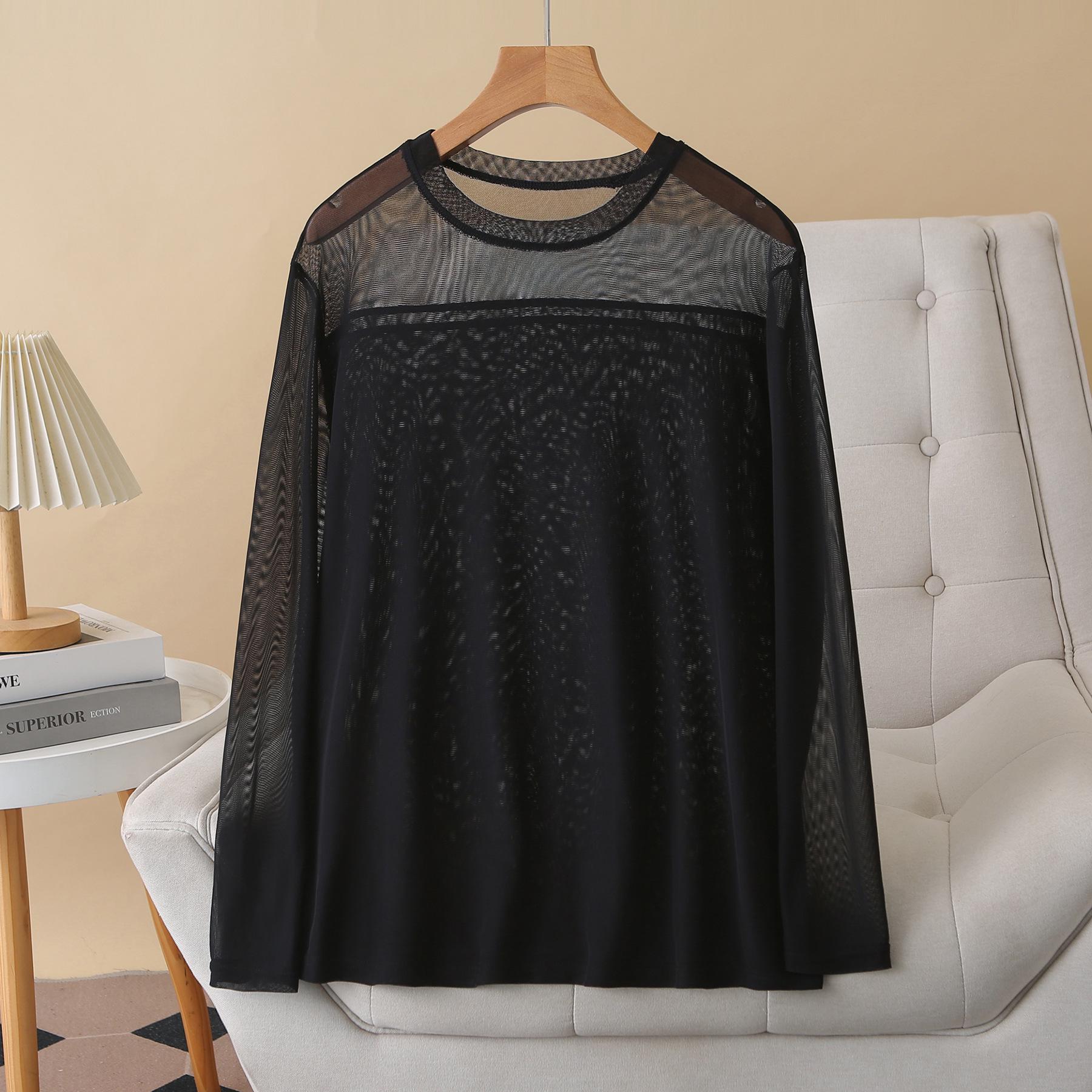 

Plus Size Women s Slimming Mesh Long Sleeve T-shirt: 2026 Spring Hollow Out Round Neck Top 3XL чорний