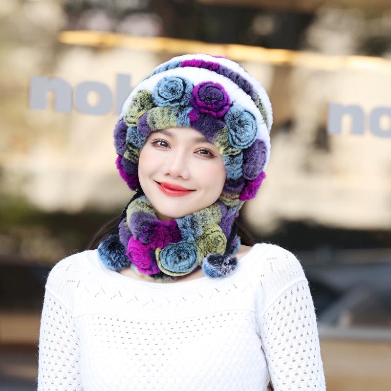 Rex Rabbit Hair Hat Scarf Two-piece Set Women's Winter In The Elderly Mother Grandma Winter Fur Scarf Cover