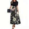 Women's Fashion Casual Belt Short Sleeve Round Neck Floral Stitching Elegant Temperament Dress