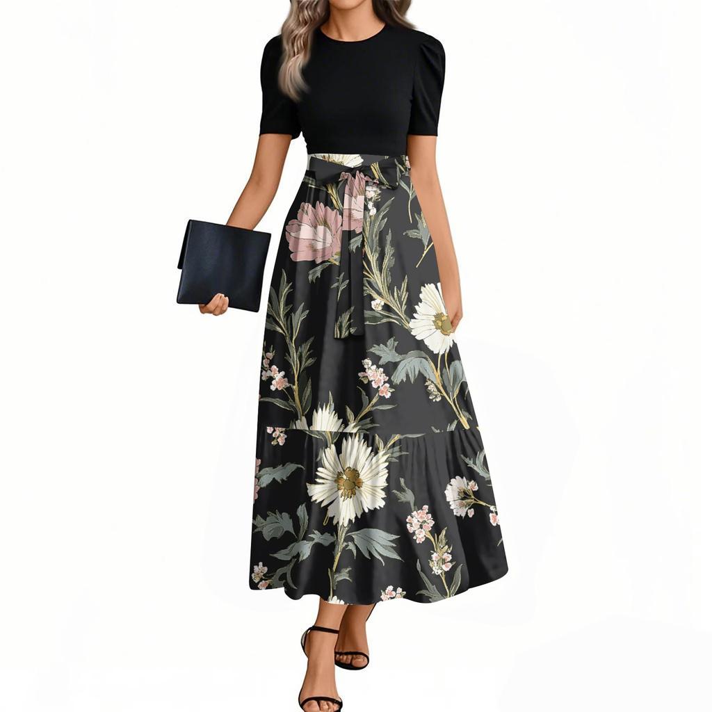 Women's Fashion Casual Belt Short Sleeve Round Neck Floral Stitching Elegant Temperament Dress