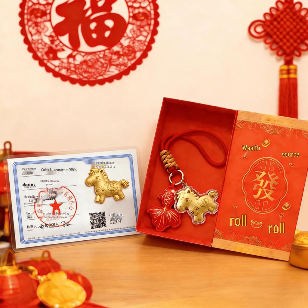 Year of the Horse Gold Keychain with Certificate: Money-Attracting Bag, Phone Pendant, and Lanyard