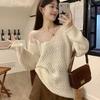 Sweater Women's Medium and Long Loose Spring and Autumn Knitted Sweater Lazy Wear One-word Shoulder Off-the-shoulder Top