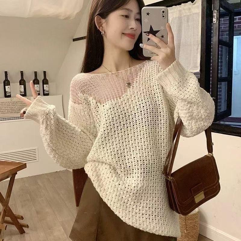 Sweater Women's Medium and Long Loose Spring and Autumn Knitted Sweater Lazy Wear One-word Shoulder Off-the-shoulder Top