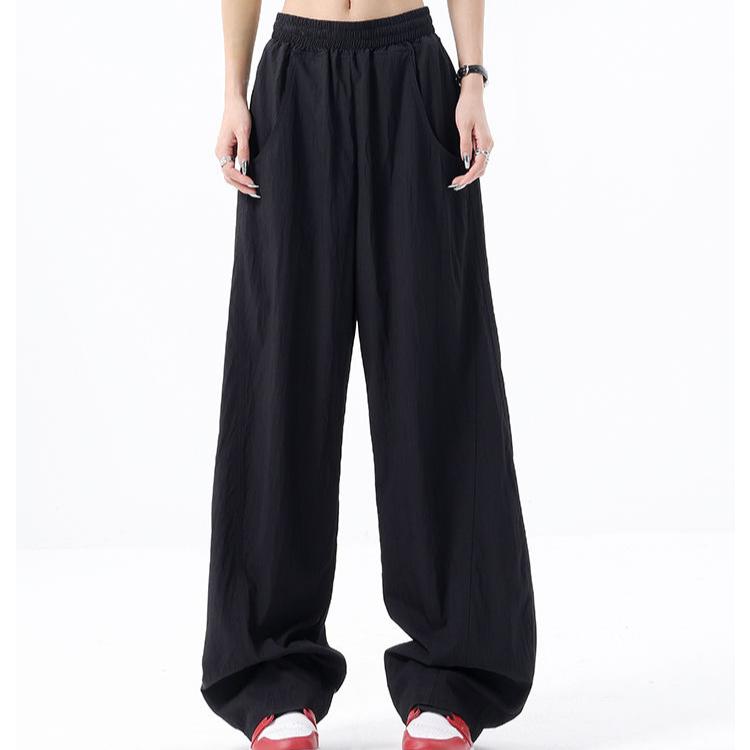 Pantalones holgados informales de cintura elástica de verano para mujer, pantalones de pierna ancha grises.