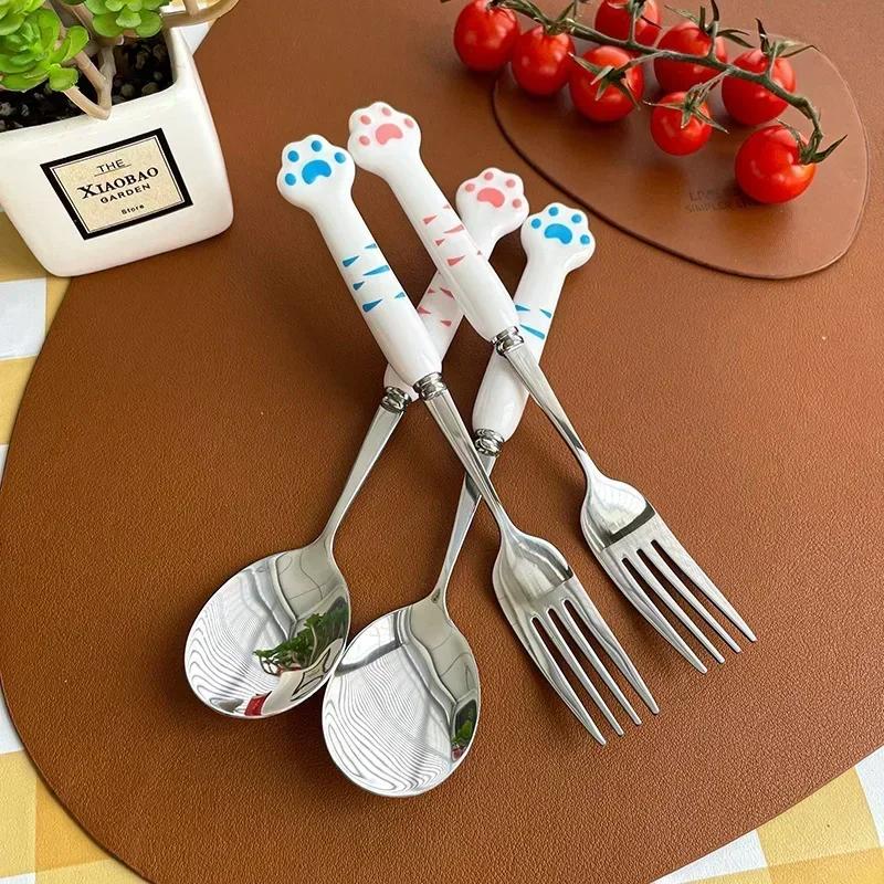 Stainless Steel Cute Cartoon Cat Paw Design Spoon and Fork Set Portable Storage Box Tableware Cutlery Kitchen Items Utensil Sets