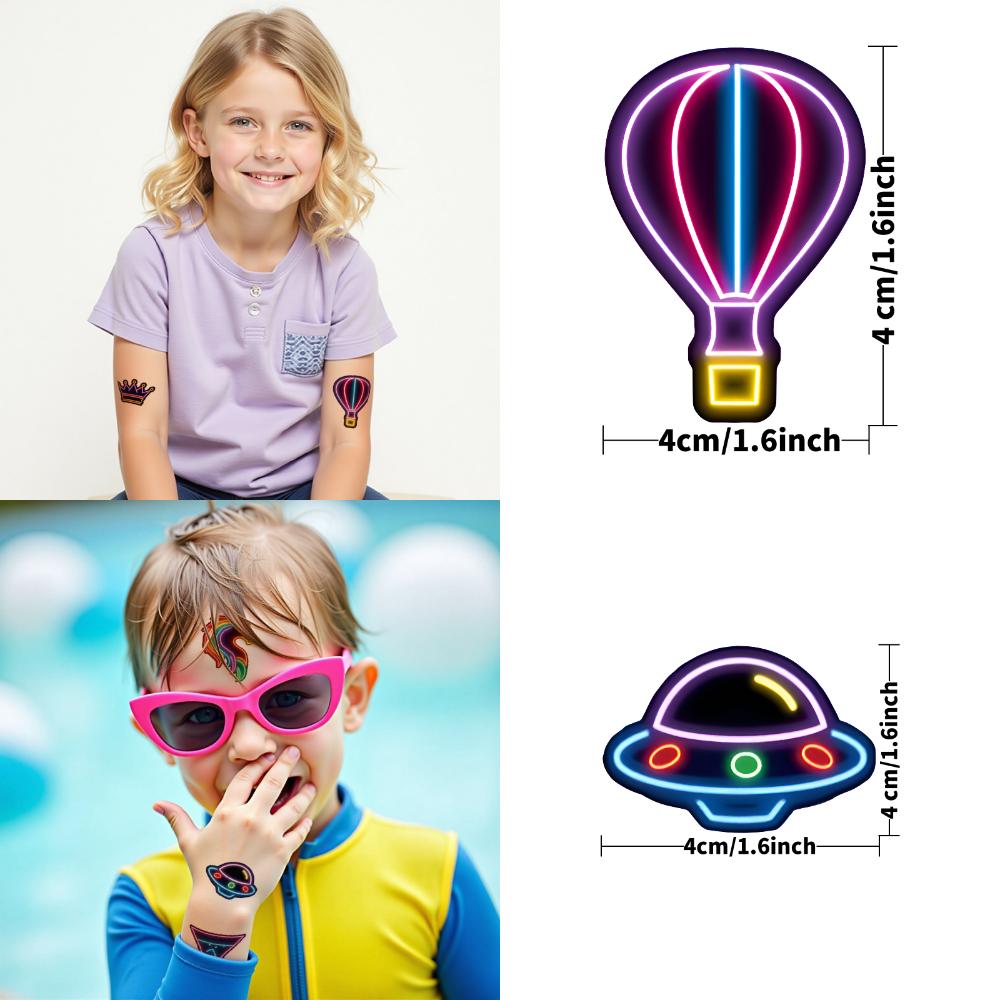 63 Stück Neon Home Party Temporäre Tattoos Cartoon Wasserdichte Körperkunst Arm Tattoo Aufkleber Einweg Fake Tattoos für Frauen Männer