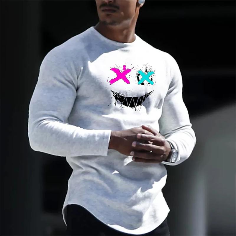 Men's Casual Autumn Breathable Long Sleeve Crewneck Printed Evil Smiley Face Pattern Clothing Y2K Top Men's Long Sleeve