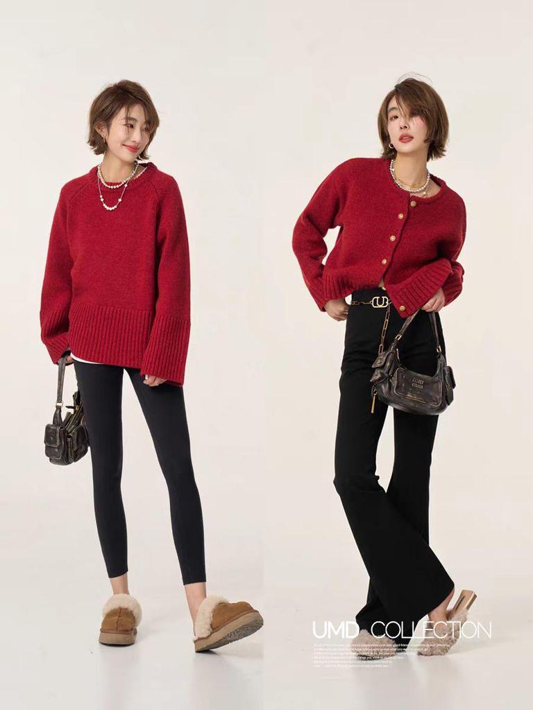 Encorela Women's Red Round Neck Pure Wool Sweater - Loose, Thick, Cozy Knit