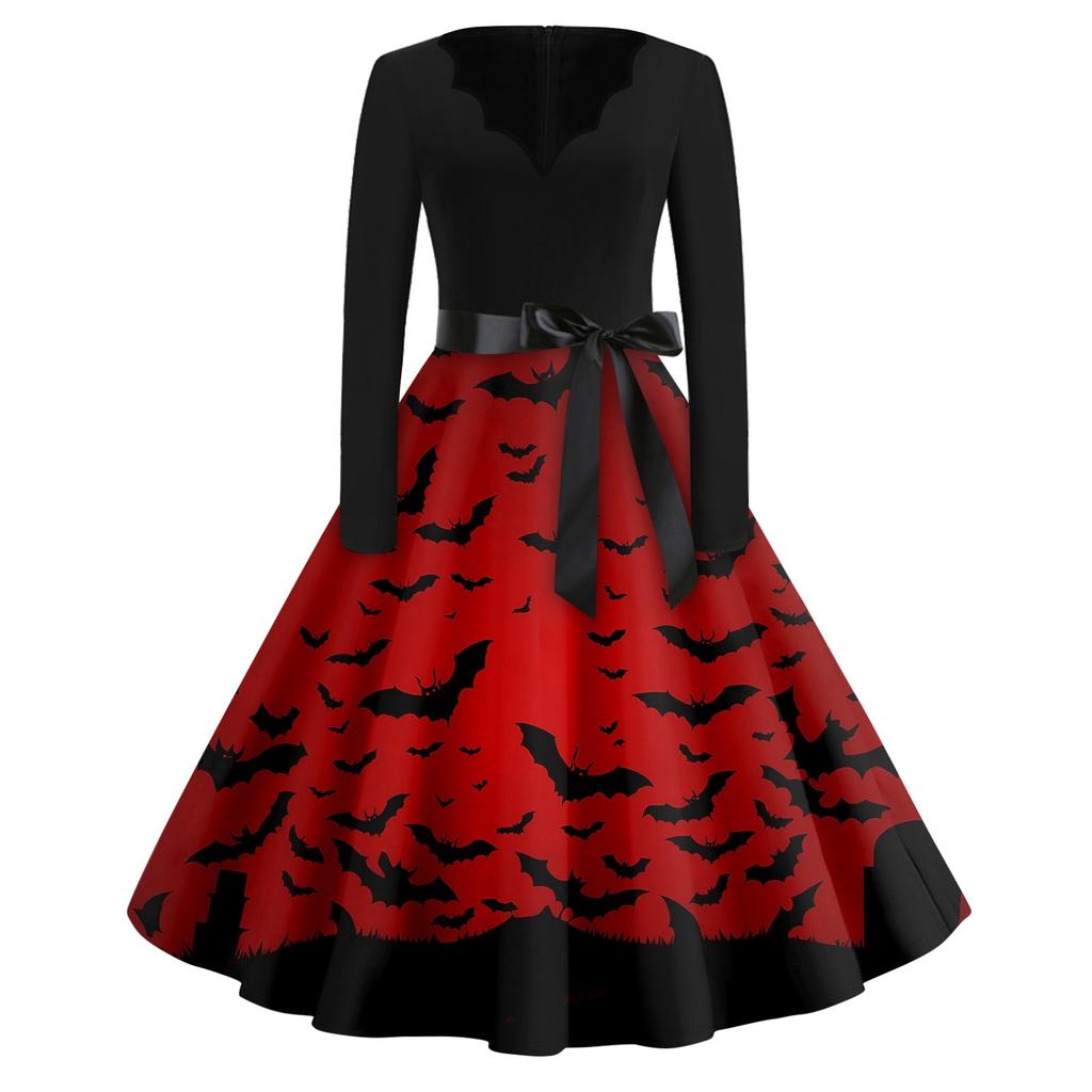 Vestido flare estampado de Halloween para mulheres vestido de manga comprida vestido casual de festa vazado