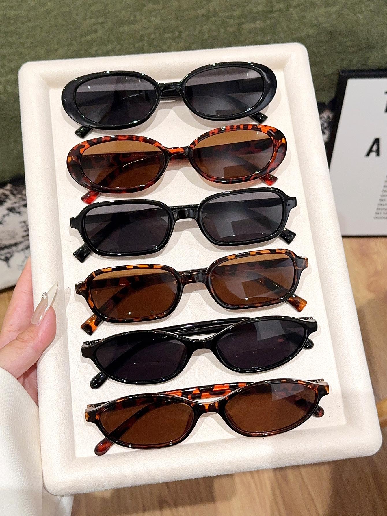 

6Pcs Oval Small Frame Glasses, Chic Black, Tortoise Shell Print Design, Casual Fashion Decorative Glasses, Fashionable Wear