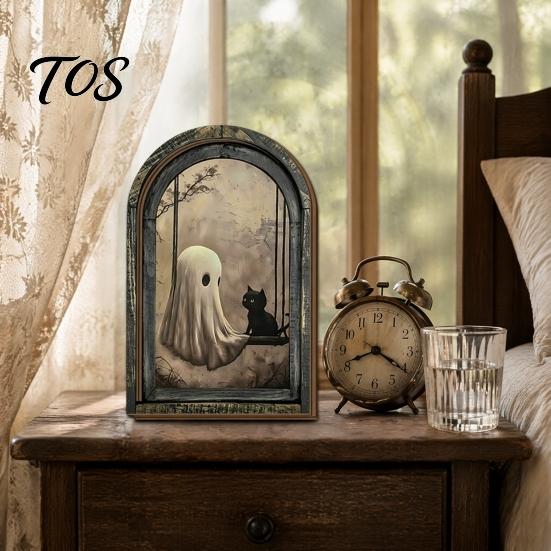 Solid Wood Picture Frame Halloween Vintage Arch Wooden Sign, Gothic Spooky Ghost Wall Hanging Decor Dark Academia with Bracket, Rustic Aesthetic Home