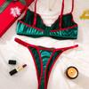 Festliches Spitze Grün & Rot Dessous-Set: BH & String für Damen