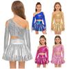 Girls Metallic Shiny Stage Outfit Cold Shoulder Long Sleeve Tassel Detail One Shoulder Crop Top Bubble Skirt