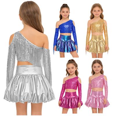 Girls Metallic Shiny Stage Outfit Cold Shoulder Long Sleeve Tassel Detail One Shoulder Crop Top Bubble Skirt