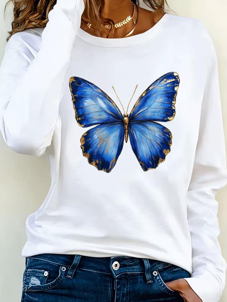 (Asian Size) watercolor flower 90s Clothing Casual  Tee Lady Printed o-neck Long Sleeve T Shirt Women Female Fashion Top Graphic T-shirts