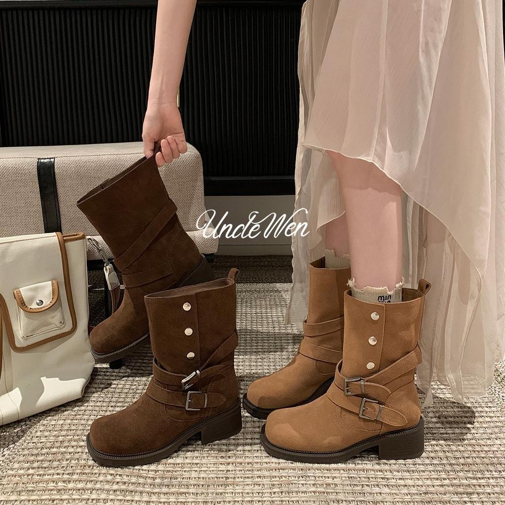 Sheepskin Version~ Stacking Boots New Versatile Thick-soled Heightening Autumn Maillard Short Boots Thick Heel Belt Buckle Martin Boots