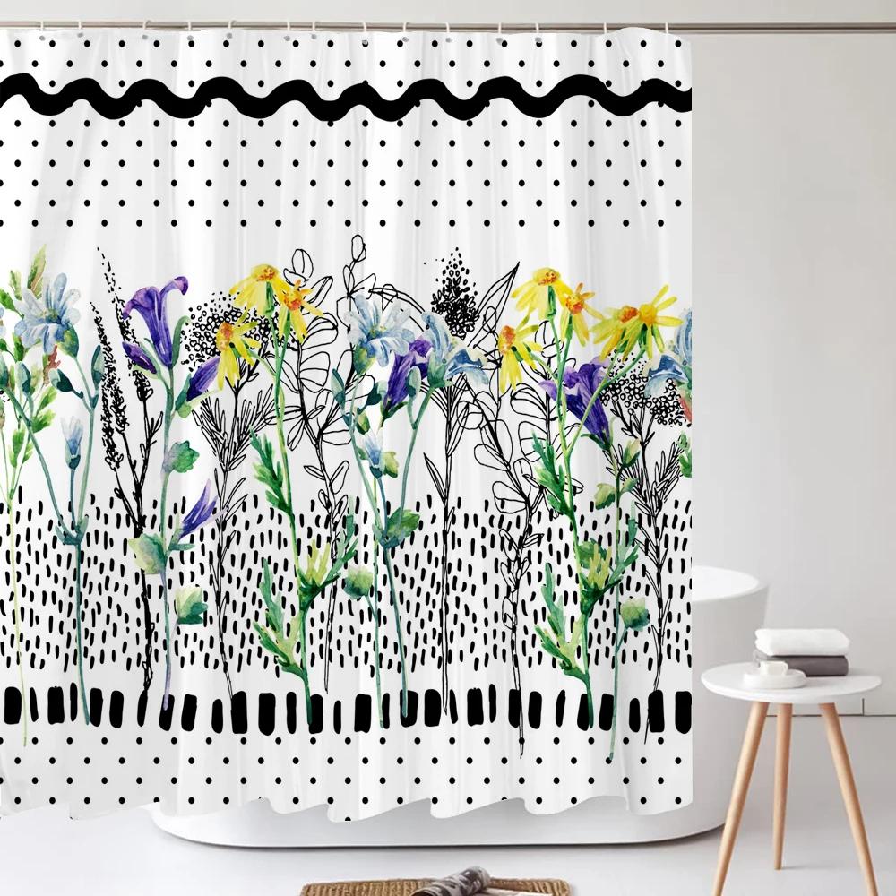 Watercolour Flowersleaves Shower Curtain Morden Art Floral Waterproof Fabric Bathroom Curtains Room Decor Curtain With Hooks