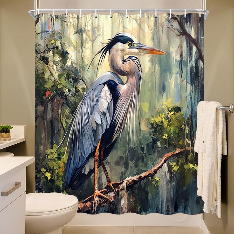 Great Blue Heron Forest Shower Curtain - Realistic Style, Moss-Covered Branch & Lush Greenery, Polyester, Washable, Bath Decor