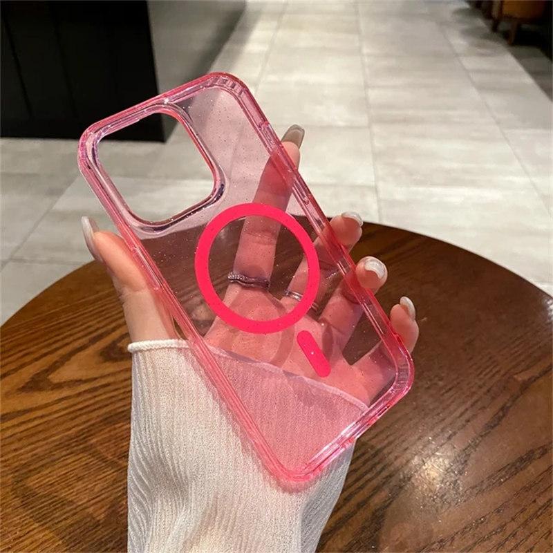 Luxuriöser Bling-Glitter für Magsafe Wireless Charge Magnethülle für iPhone 15 14 Plus 13 12 11 Pro Max Klare harte Acrylabdeckung