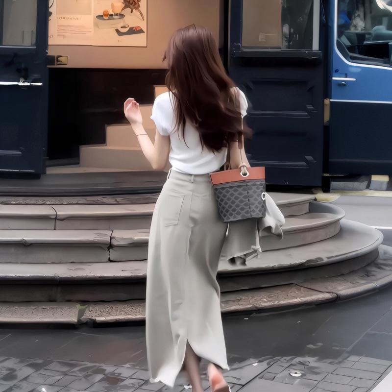 Korean Style Polo Collar T-Shirt & High-Waist Long Skirt Summer Outfit Set