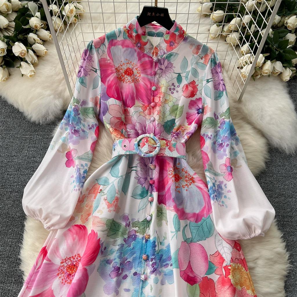 Spring Autumn Women Vintage Print Single Breasted Long Maxi Party Dresses With Belt