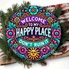 Happy Place 7.8 Inch Round Metal Wall Art Floral Sun Face Boho Home Office Decor