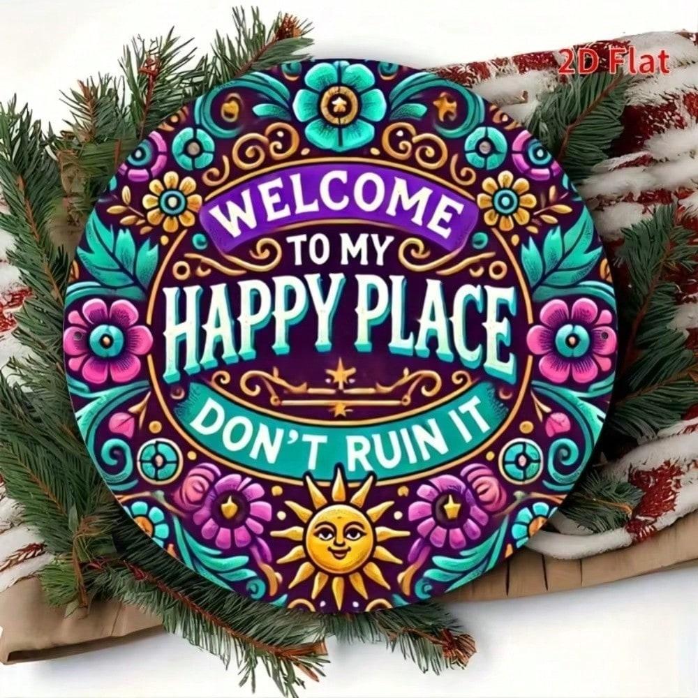 Happy Place 7.8 Inch Round Metal Wall Art Floral Sun Face Boho Home Office Decor