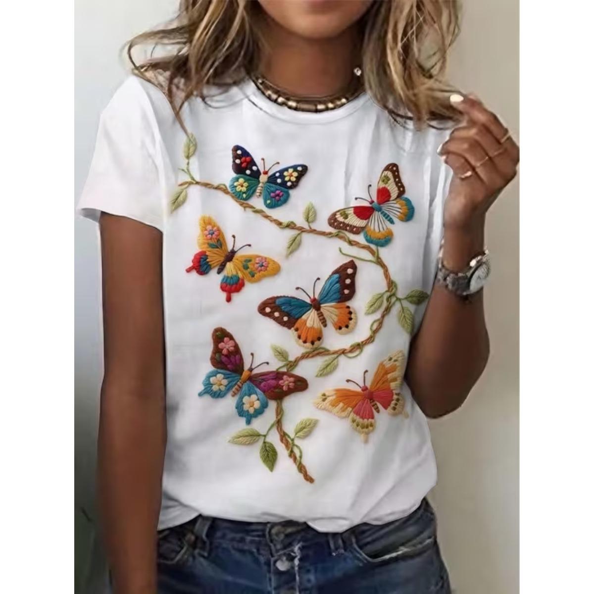 

Fashion Women Retro Butterfly Patterns Print T Shirt Funny Casual O-neck Short Sleeves T-shirt Summer Female Tee Shirt 8XL білий