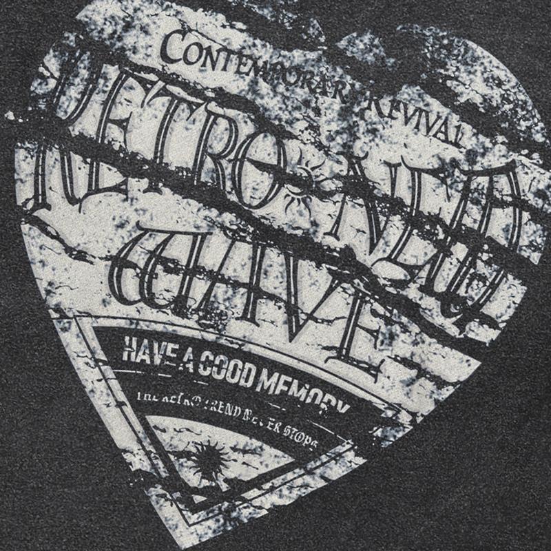 Streetwear Heart Pattern T-Shirt Cotton Washed Black Tshirt Unisex Tops Tees Summer Short Sleeves T Shirt
