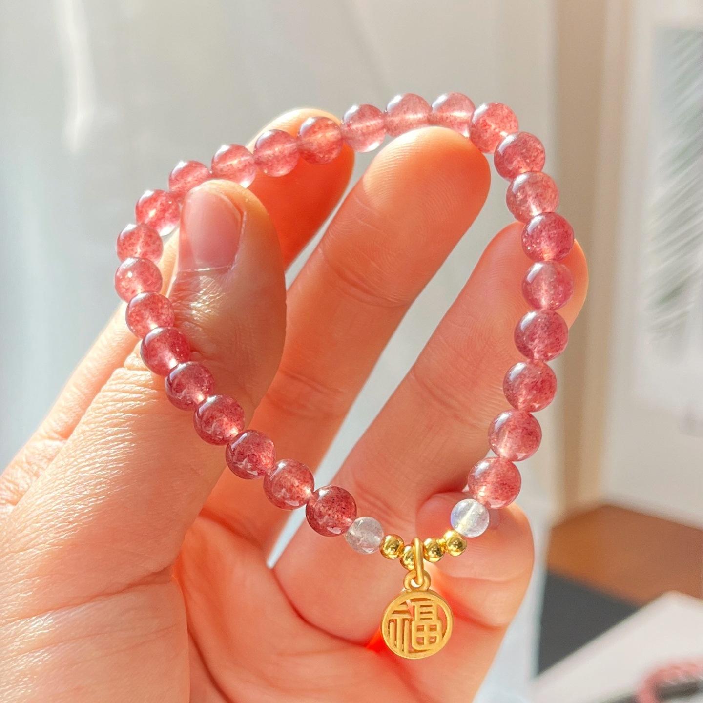 925 Silver 6Mm Pigeon Blood Red Natural Strawberry Crystal Bracelet Bracelet