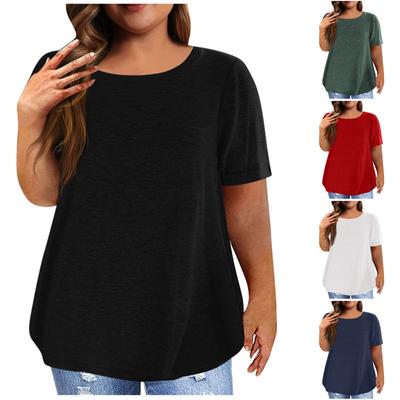 Damska koszulka z krótkim rękawem z okrągłym dekoltem, T-shirt plus size, jednolity kolor, casualowe topy