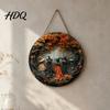 Halloween Party Home Ornament Witch Hanging Sign 8" Round Wooden Door Autumn Forest Porch Wall Decoration Witches Rustic Holiday Sign for Front