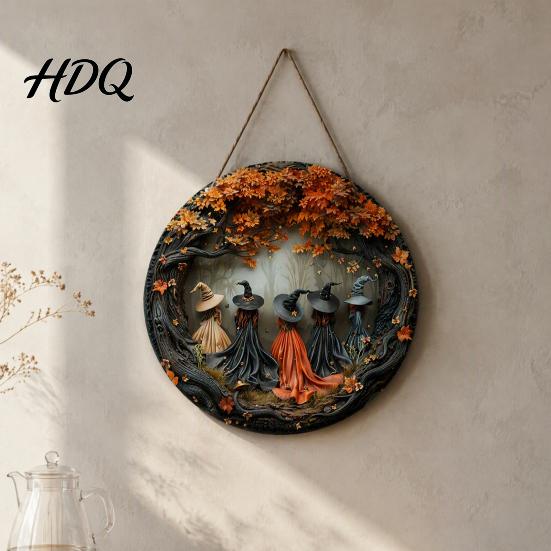 Halloween Party Home Ornament Witch Hanging Sign 8" Round Wooden Door Autumn Forest Porch Wall Decoration Witches Rustic Holiday Sign for Front