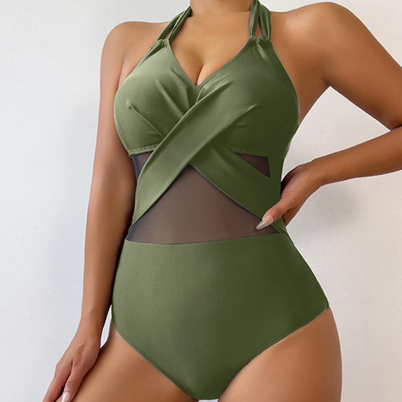 2025 European & American Solid Color Mesh One-Piece Conservative Bikini for Women