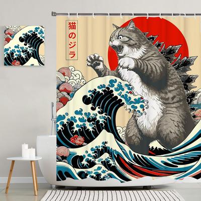 Japán Macska Zuhanyfüggöny, Vintage Anime Naplemente Hullám Művészet, Vízálló Szövet Kampókkal