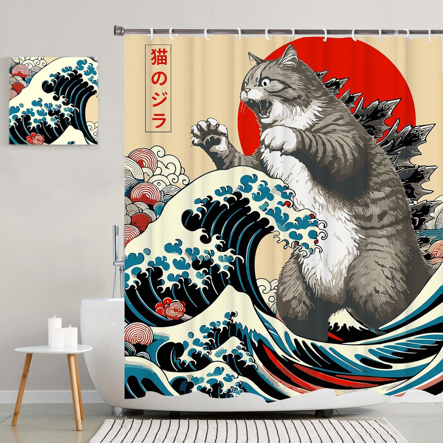 Dunika Chen Japanese Cat Shower Curtain, Vintage Anime Sunset Wave Art, Waterproof Fabric With Hooks